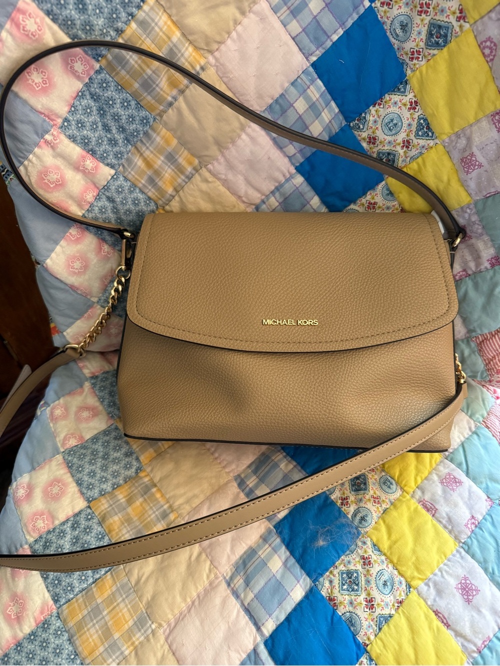 MICHAEL KORS Pebbled Leather Shoulder Bag in Taupe